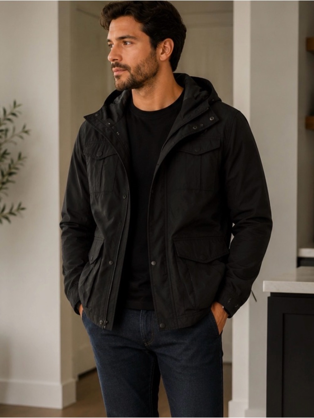 Kenneth Cole New York Black Hooded Field Raincoat